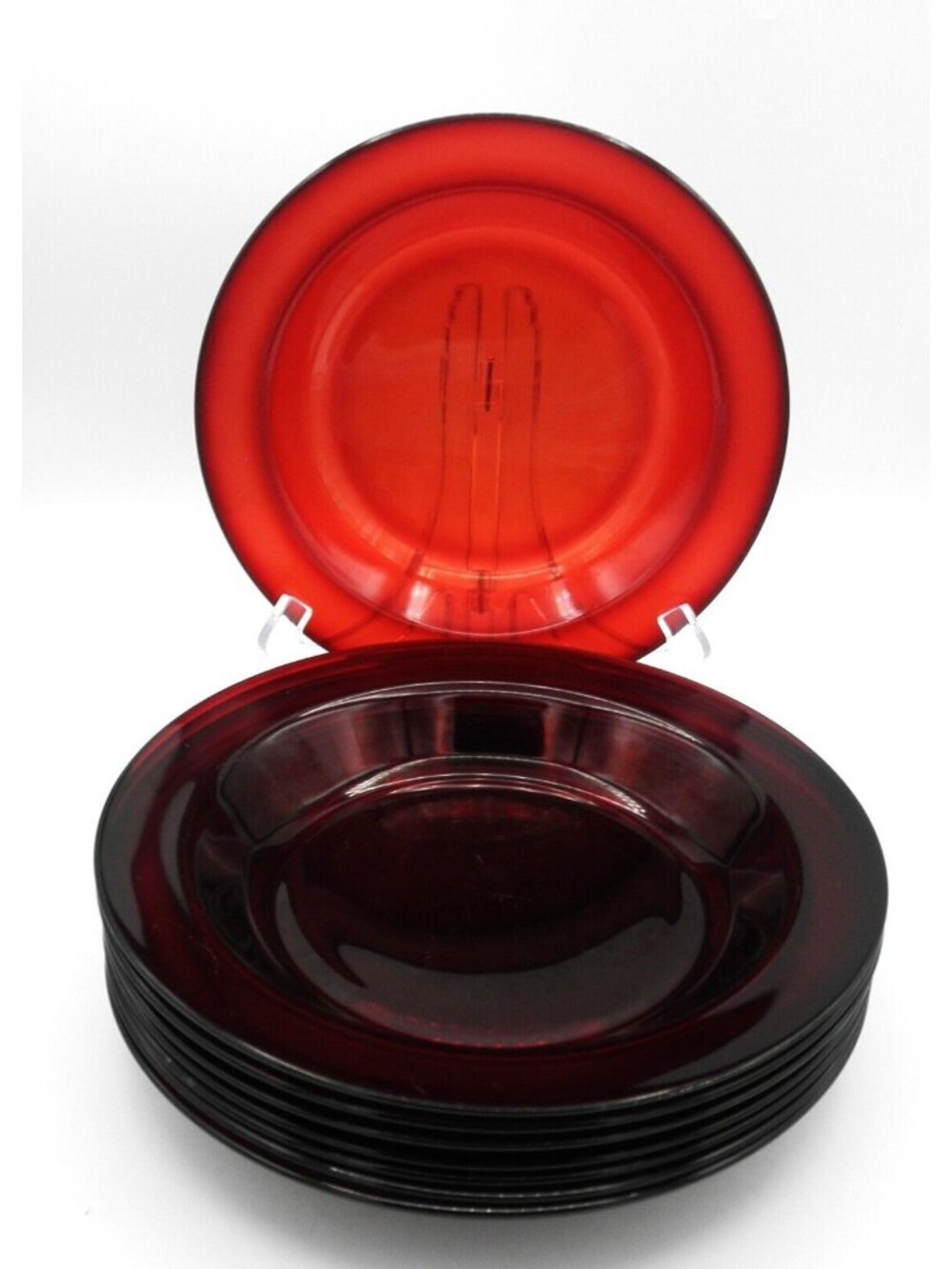 Ruby Red Glass Rimmed Soup Bowls Signed France Set of 8 Vintage